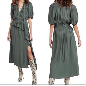 Ulla Johnson Leah Draped Ruffled Green Midi Dress | Size 4
